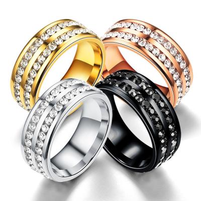 China 2023 Environmental Friendly Hot Selling Wholesale Fashion Jewelry 18K Gold Plated Stainless Steel Double Rows Zircon Rings For Women for sale