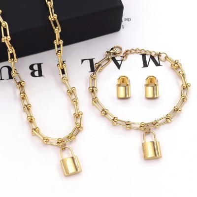 China Wholesale Environmental Friendly Fashion 18k Gold Plated U Shaped Lock Pendant Stainless Steel Jewelry Set For Women for sale