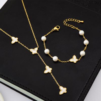 China New Style Environmental Friendly Fashion 18k Gold Plated Shell Butterfly Pearl Stainless Steel Jewelry Set for sale