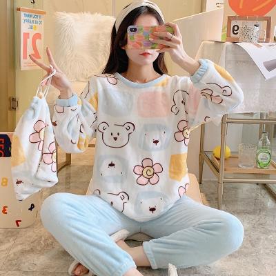 China Winter Flannel Pajamas Women Set QUICK DRY Nightgown Cartoon Printed Cute Coral Fleece Sleepwear Thick Warm Nightgown 2PCS for sale