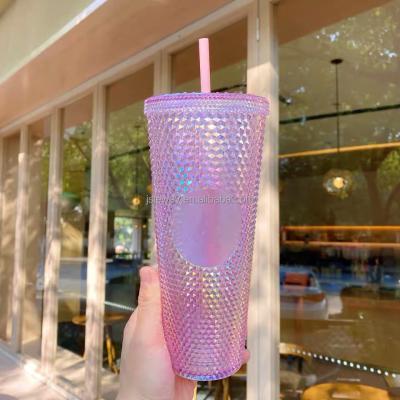 China Double With Straw And Cover Reusable Hard Durian Tumbler Diamond Sippy 710ML Viable Plastic Coffee Cups Bright Plastic Cups for sale