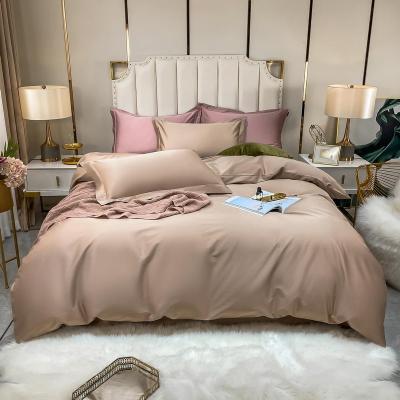 China Latest Arrival Anti-Static Duvet Cover Set Pure Solid 100S Gold Color Sanding Fitted 1 1 Hypoallergenic Flat Sheet 2 Pillowcase Bedding Set for sale