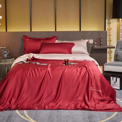 China Wholesale 4pcs 100% Hotel Solid Color Anti-static 300tc Luxury Silk Red Color Fitted Queen Size Flat Bedding Set for sale