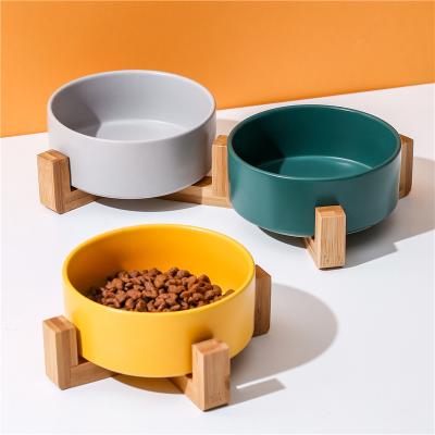 China Ceramic Food Bowl Durable Durable Water Raised Dish Food Feeder Dog Bowl For Pet With Wooden Stand for sale