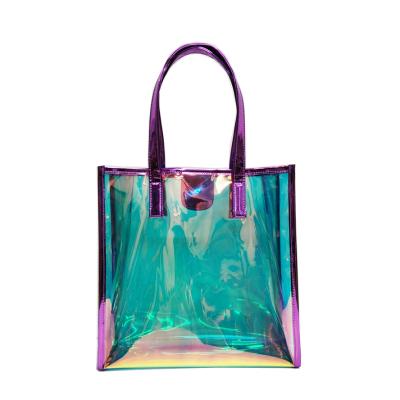 China Hot Selling Large Transparent Holographic Handled Women Laser PVC Bags Large Shopping Bag for sale