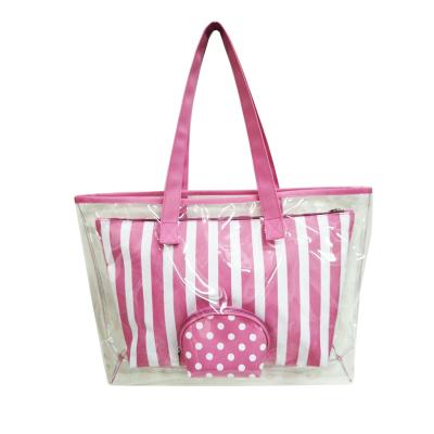 China Custom New Products Recyclable PVC Material Transparent Tote Bag Set Women Beach Bags With Pouch for sale