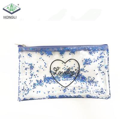 China Schools & Offices Fashion Design Promotional Transparent PVC With Sequins Glitter Pencil Pouch for sale