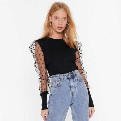 China Other fashion design black polka dot mesh puff sleeve o neck blouse for sale