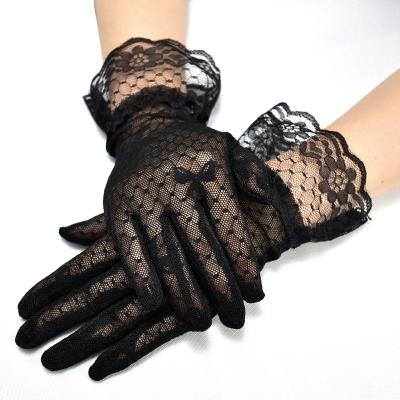 China Long Full Lace Fabric Fashion Bridal Gloves For Wedding Party Decoration Black Bowknot Jacquard Glove Women for sale