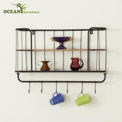 China Metal High quality metal wall mounted dual tiers bathroom shelf with hooks for sale