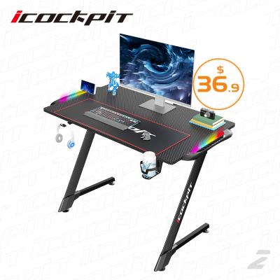 China Black Computer Gamer Table PC Gaming RGB Light Desk Gaming Desk (Other) Icockpit Office Furniture RGB Z-Shape Adjustable Modern Desk Light for sale