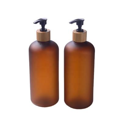 China Bottle Amber Color Boston Round Pet Plastic with Bamboo Pump Cosmetic Screen Printing PUMP Sprayer Cosmetic Packing Slik Screen for sale