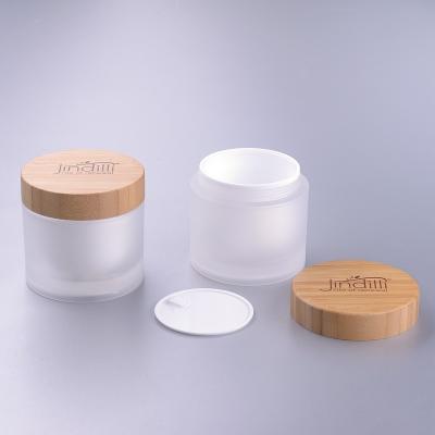 China 200g white acrylic cosmetic set jar with bamboo lid luxury eco-friendly containers for sale