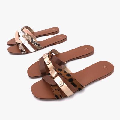 China CUSHIONING Women's Leopard Print Genuine Leather Women's Shoes Summer Flat Sandals and Slippers for Women Shoes for sale