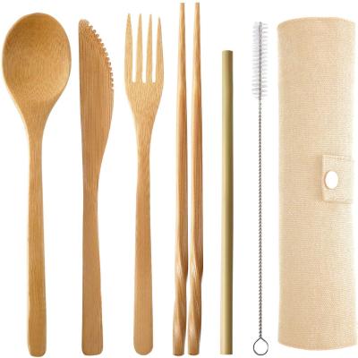 China Sustainable Eco Friendly Organic Bamboo Camping Utensils Travel Cutlery Set Include Reusable Knife Fork Spoon Chopsticks Straw for sale