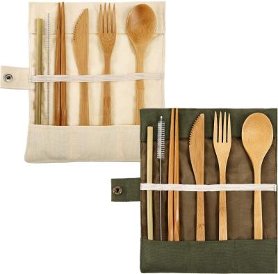 China Sustainable 2 Piece Bamboo Flatware Set Travel Utensils Set Include Knife Fork Spoon Chopsticks Reusable Straws (White & Green) for sale