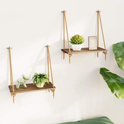 China Modern Wood Wall Shelf Hanging Wall Shelves Swing Rope Storage Floating Bamboo Hanging Shelves for sale