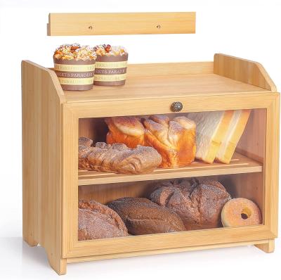 China Modern Wall Shelf Wooden Wall Mounted Bamboo Bread Box Adjustable Two Layer Large Bread Storage Bin With Clear Windows for sale