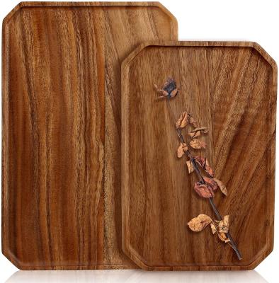 China Acacia Wooden Serving Trays Decorative Serving Trays Sustainable Wood Dish 2 Pcs Wood Salad Bowls Handmade Rectangular Food Tray for sale