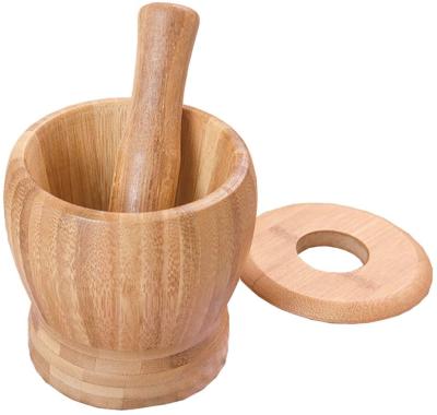 China Viable Bamboo Mortar Pestle Set Spice Garlic Meat Masher Grinder with Lid for Herb Mixing Grinding for sale