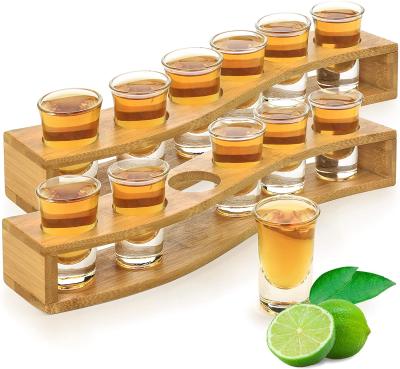 China 12 Bamboo Shot Glasses Set Serving Tray 1oz 30ml Pulled Holder Heavy Base For Whiskey Tequila for sale