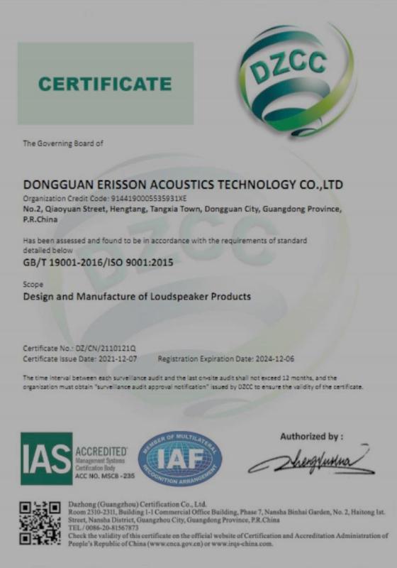 ISO9001 - Dongguan Erisson Acoustics Technology Co., Ltd.