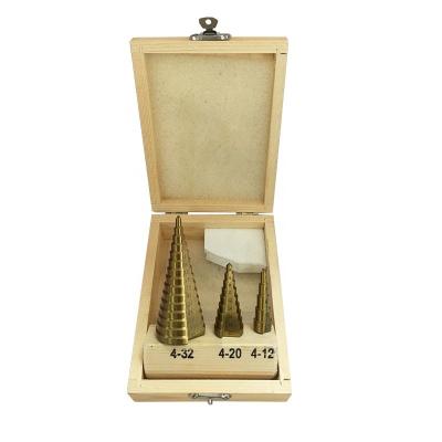 China Drill Holes For Three Flats 3pcs Steel Metric Leg Straight Spline Coated Hss Titanium Step Drill Bit Set For Metal In Wooden Box for sale