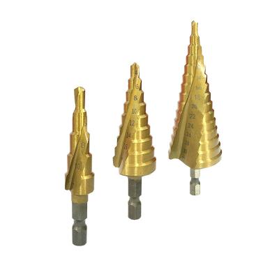 China Drill Holes For Steel 3pcs Quick Change Hex Shank Spiral Spline Coated Titanium Step Drill Bit Set for sale