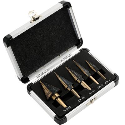 China Gold Black Metal Drilling 5Pcs Inch Size HSS Step Drill Bits Set For Multiple Hole Metal Cutter In Aluminum Case for sale