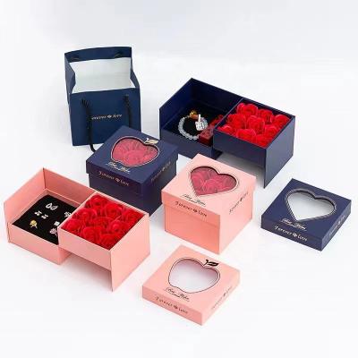 China Valentine's Day Gifts TC Luxury PVC Heart Apple Window Necklace Ring Drawer Box 9 Soap Flowers Valentines Mothers Day Gift Rose Rotating Jewelry Box for sale