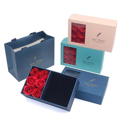 China Valentine's Day Gifts TC Luxury Feather PVC Window Necklace Ring Drawer Box 6 Soap Flowers Valentines Mothers Day Gift Rose Jewelry Box for sale