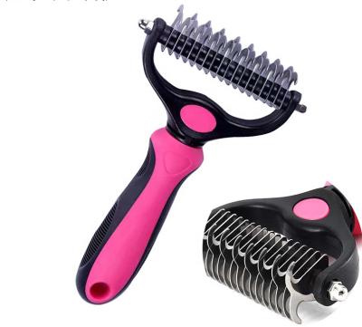 China Stocked Pet Grooming Brush Dog Hair Comb Wide Double Sided Shedding Dematting Undercoat Rake for sale