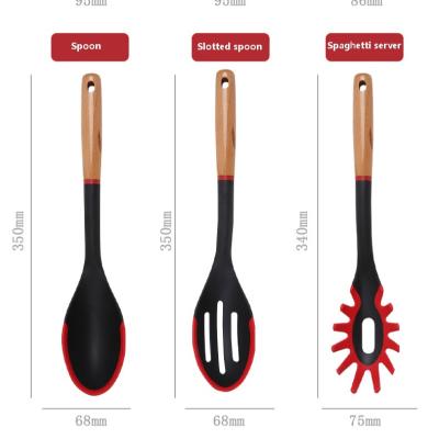 China Sustainable Silicone 8pcs Kitchenware Set With Beech Wood Handle Black&Red Nonstick Utensils With Utensil Holder for sale