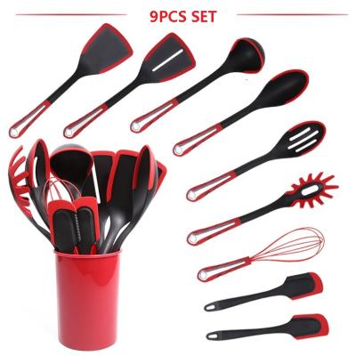 China Sustainable Silicone 9pcs Kitchenware Set With Wooden Handle Nonstick Black Utensilios Kitchen Utensils Tool for sale