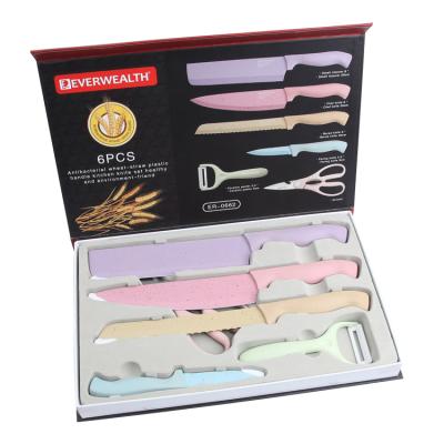 China Viable Hot Sales OEM/ODM 6pcs Colored Wheat Straw And PP Kitchen Knife With Ready Gift Box Non-stick Knife Set Of Goods for sale