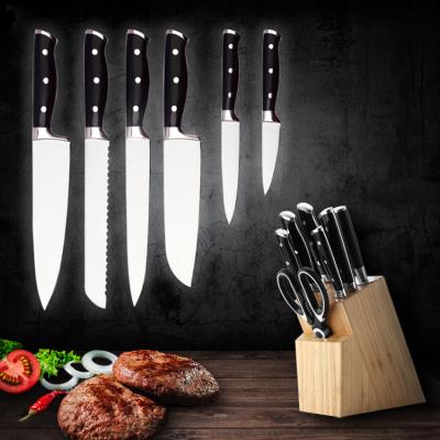 China Hot viable selling 6 Pcs forged wooden knife stainless steel handle rivet cookware kitchen knife set for sale