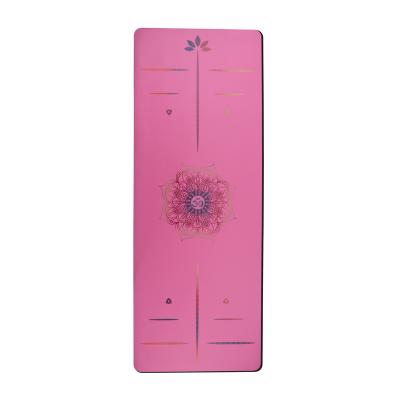 China Yoga Exercises High Quality Color Position Fitness Customized Text Line Pink PU Leather Natural Rubber Yoga Mat for sale