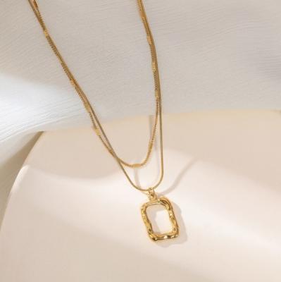 China Popular Hiphop No MOQ Bling Double-Layer Snake Chain Gold Plated Square Pendant Brass Necklace For Women Klein Jewelry for sale