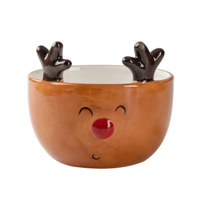 China Christmas Ceramic Reindeer Shaped Bowl Embossed Round Cheap Sustainable 350ml for sale