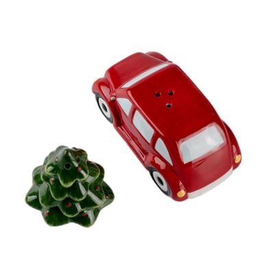 China Beautiful and useful custom branded ceramic Christmas spice car and tree shapes salt and pepper shakers for sale