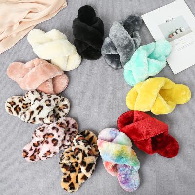 China Fashion Trend Winter Home Slippers Ladies Cross Soft Home Shoes Women Fur Slides Warm Cross Soft Plush Faux Rabbit Fur Hairy Slippers Women for sale