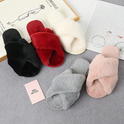 China Fashion Trend Women's Faux Fur Slips Soft Plush Cross Toe Hairy Open Toe Slippers Ladies Bedroom Fuzzy Slippers For Women Winter Cross for sale