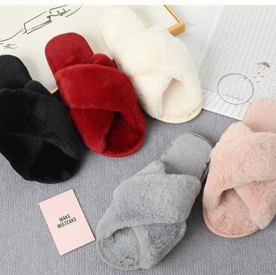 China 2021 Fashion Trend Open Toe Mule Fluffy House Slide Ladies Slippers Fur Slides Warm Cross Soft Plush Faux Rabbit Fur Slippers Hairy Women for sale