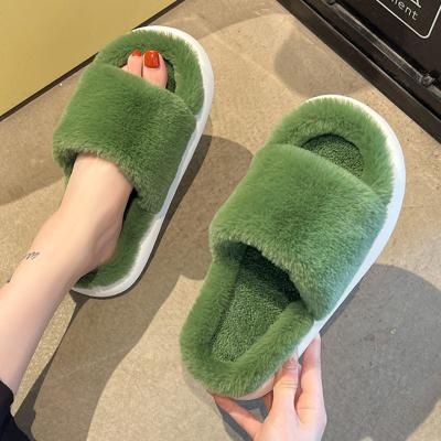 China Fashion Trend Women's Faux Fur Slippers Fuzzy Flat Spa Fluffy Open Toe House Shoes Indoor Outdoor Slip On Memory Foam Slide Sandals for sale