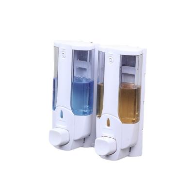 China 300ml Hand Soap Dispenser Plastic Double Head Hotel Body Wash Box Manual Wall Mounted Shampoo Storage Box SNBHD001 for sale