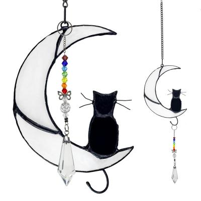 China / Hot Sale Black Cat Decor on White Moon Handmade Stained Glass Window Hanging Suncatcher Windows Panels for sale