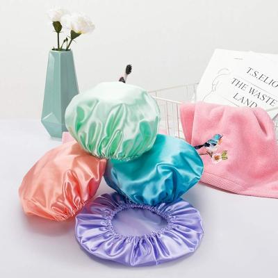 China Folding Shower Cap For Women Waterproof Double Layers Bathing Shower EVA Shower Cap Reusable Bath Hat for sale