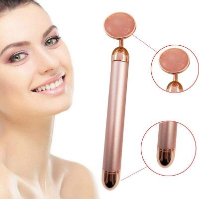 China Electric Vibration Natural Lifting Rose Quartz Pink Purple Face Beauty Home Use Face Lift Jade Roller Massager 2 in 1 for sale