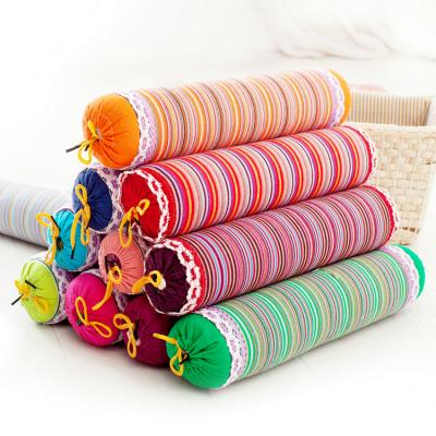 China Small anti-static cylindrical pillow filled with colorful striped buckwheat for neck and waist for sale