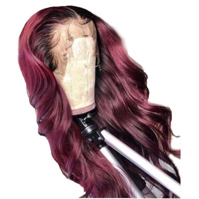 China Baby Hair Around and Pre Plucked Wavy Pre Plucked Lace Front Wig Ombre Color 1B/99J Burgundy Ombre Lace Wig Brazilian Remy Lace Front Human Hair Wigs for sale